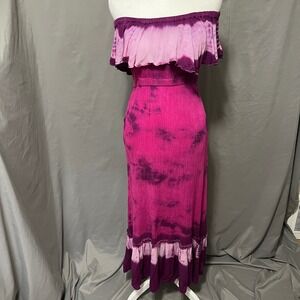 Steve Madden Purple Tie Dye‎ Maxi Dress Off Shoulder Ombre Ruffle Size Small